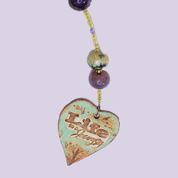 Artisan Ceramic Heart Beaded Suncatcher Life is a Journey Crackled Glass NEW - Picture 6 of 15